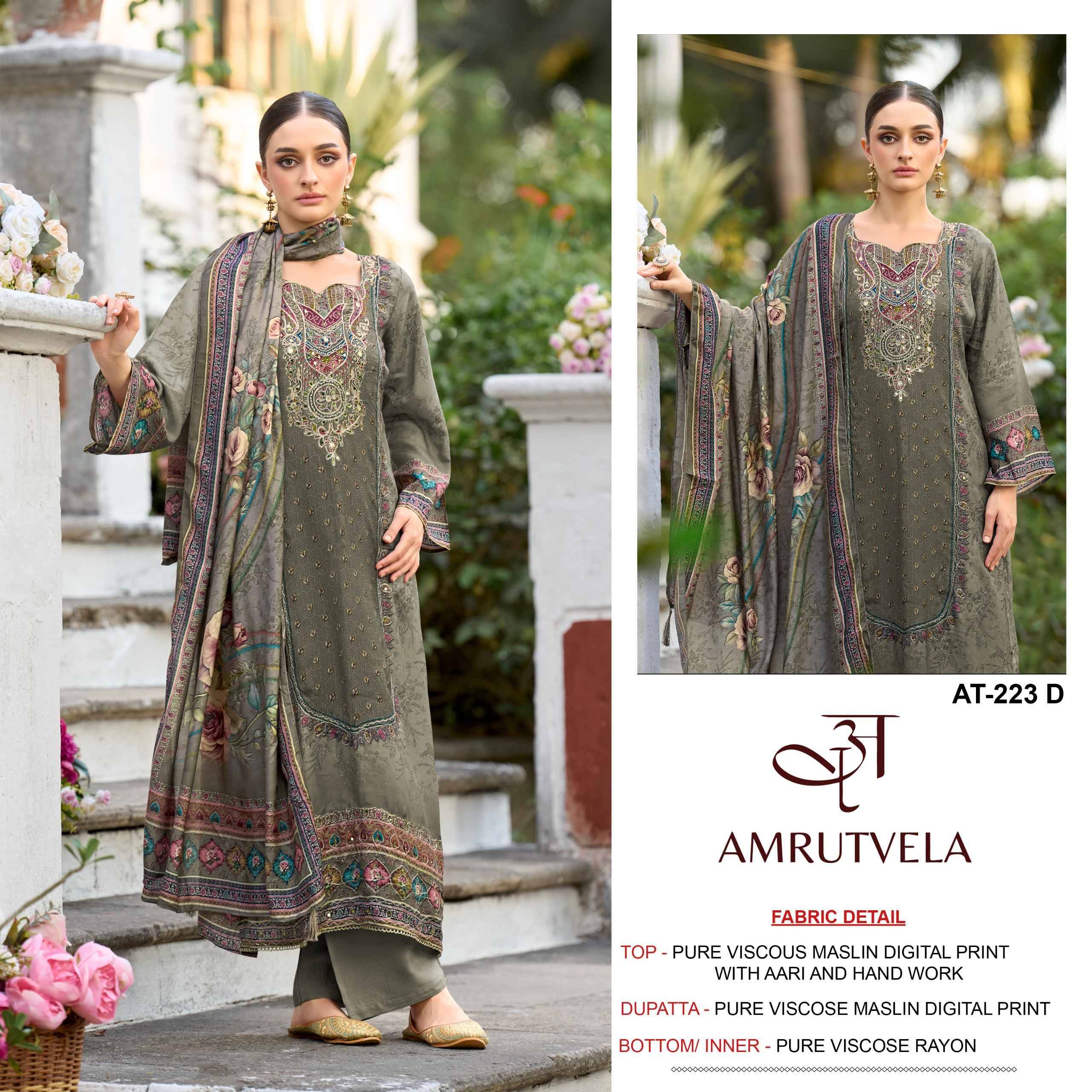 AT223 By AMRUTVELA Pakistani Stylish Beautiful Colourful Printed & Embroidered Party Wear & Occasional Wear Pure viscous Dresses At Wholesale Price